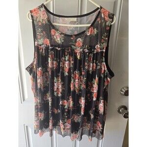 Bobbie Brooks Top Womens Plus Size 3X Sheer Yoke Sleeveless Blouse Floral Black